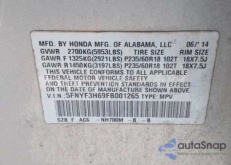 2015 Honda Pilot Ex-L from USA, damaged, VIN 5FNYF3H69FB001265